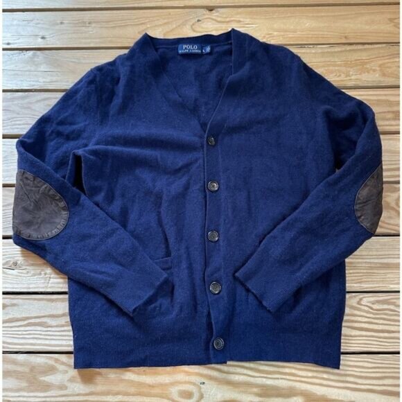 Polo Ralph Lauren Elbow Patch Merino Wool Cardigan Size Large Men’s Navy - Picture 1 of 8